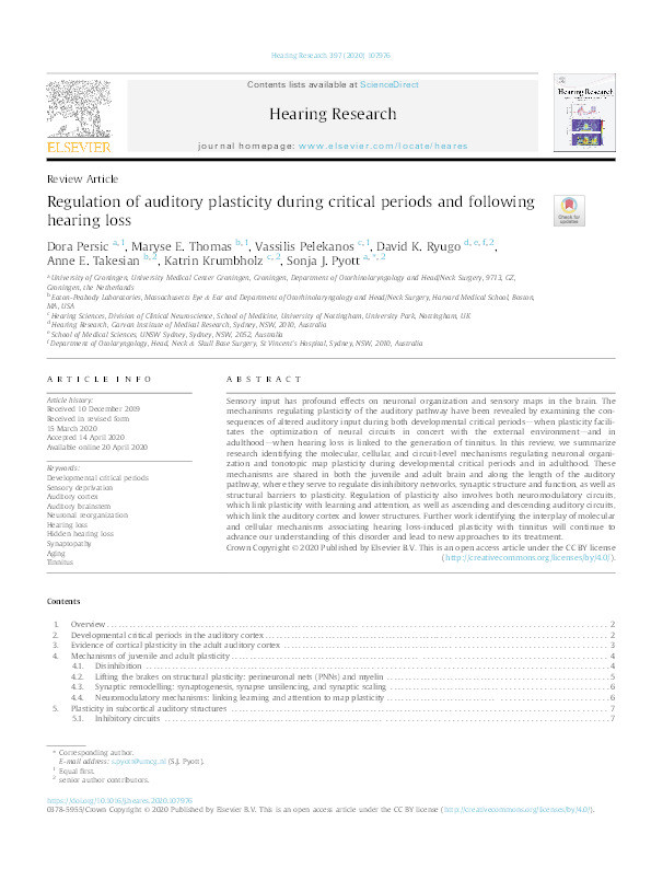 Regulation of auditory plasticity during critical periods and following hearing loss Thumbnail