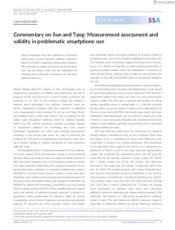 Commentary on Sun and Tang: Measurement assessment and validity in problematic smartphone use Thumbnail