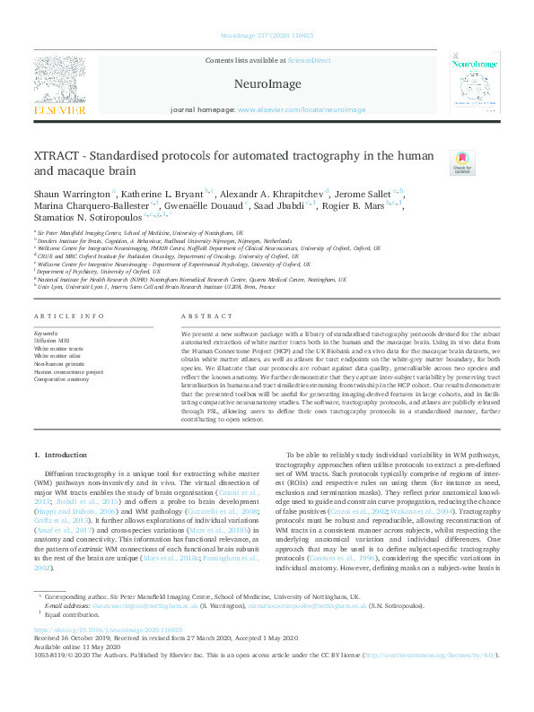 XTRACT - Standardised protocols for automated tractography in the human and macaque brain Thumbnail