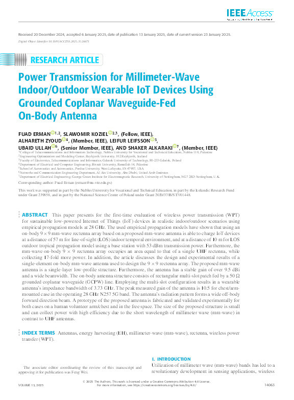 Power Transmission for Millimeter-Wave Indoor/Outdoor Wearable IoT Devices Using Grounded Coplanar Waveguide-Fed On-Body Antenna Thumbnail