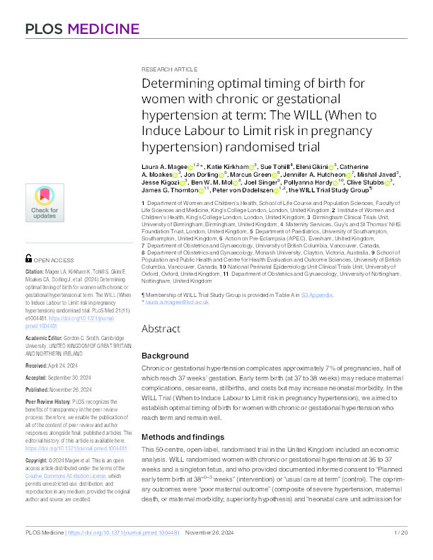 Determining optimal timing of birth for women with chronic or gestational hypertension at term: The WILL (When to Induce Labour to Limit risk in pregnancy hypertension) randomised trial Thumbnail