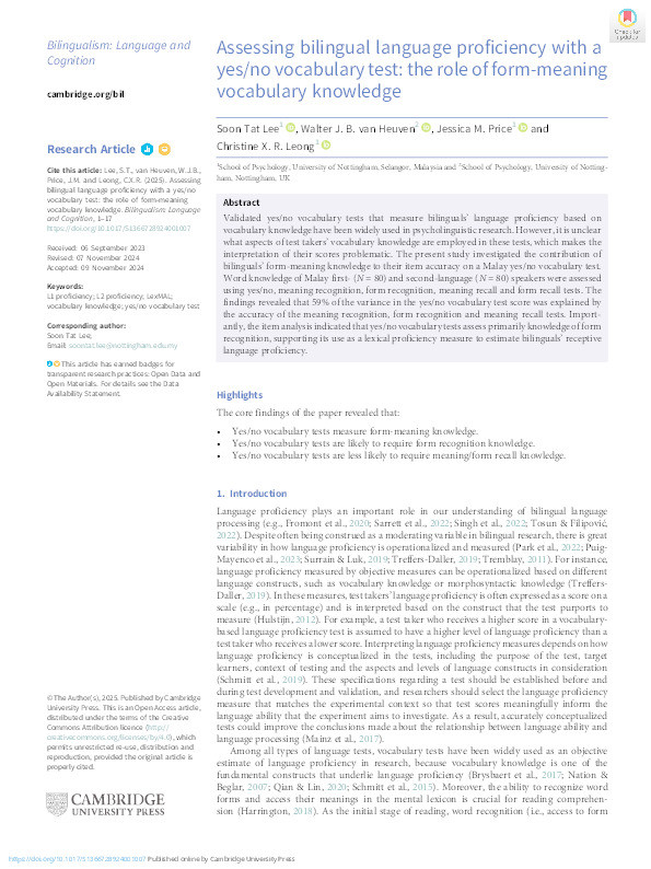 Assessing Bilingual Language Proficiency with a Yes/No Vocabulary Test: The Role of Form- Meaning Vocabulary Knowledge Thumbnail