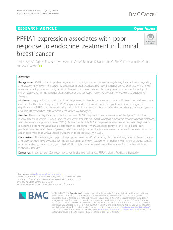 PPFIA1 expression associates with poor response to endocrine treatment in luminal breast cancer Thumbnail