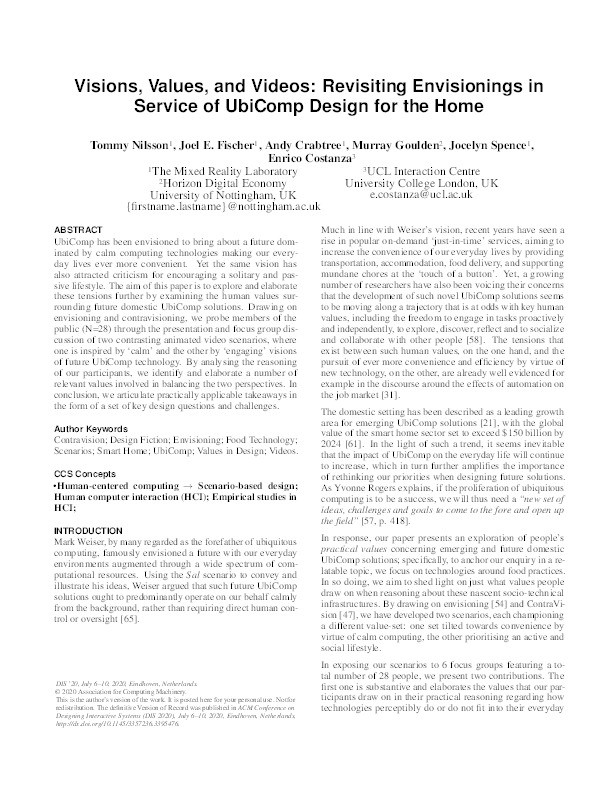 Visions, Values, and Videos: Revisiting Envisionings in Service of UbiComp Design for the Home Thumbnail