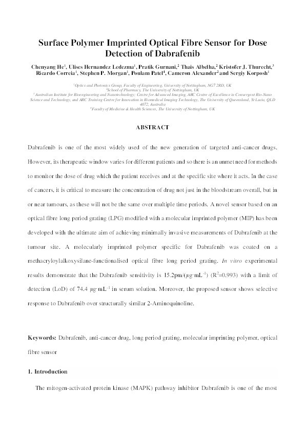 Surface polymer imprinted optical fibre sensor for dose detection of dabrafenib Thumbnail