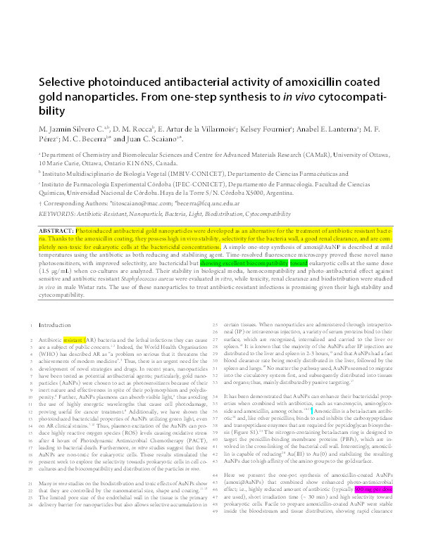 Selective Photoinduced Antibacterial Activity of Amoxicillin-Coated Gold Nanoparticles: From One-Step Synthesis to in Vivo Cytocompatibility Thumbnail