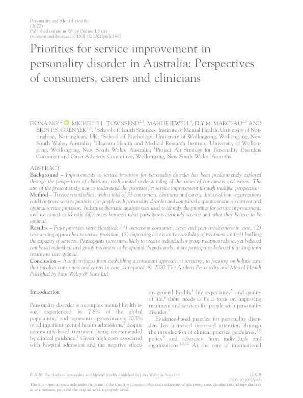 Priorities for service improvement in personality disorder in Australia: Perspectives of consumers, carers and clinicians Thumbnail