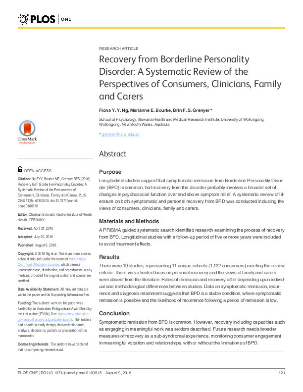 Recovery from Borderline Personality Disorder: A Systematic Review of the Perspectives of Consumers, Clinicians, Family and Carers Thumbnail