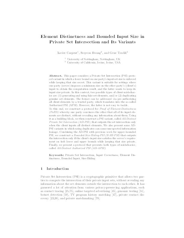 Element Distinctness and Bounded Input Size in Private Set Intersection and Related Protocols Thumbnail