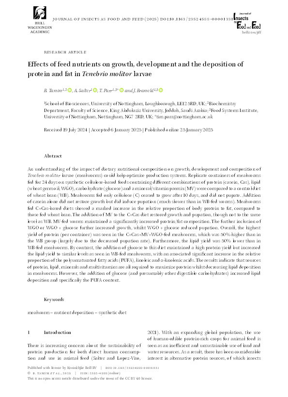 Effects of feed nutrients on growth, development and the deposition of protein and fat in Tenebrio molitor larvae Thumbnail