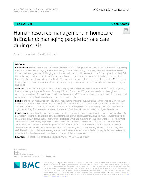 Human resource management in homecare in England: managing people for safe care during crisis Thumbnail