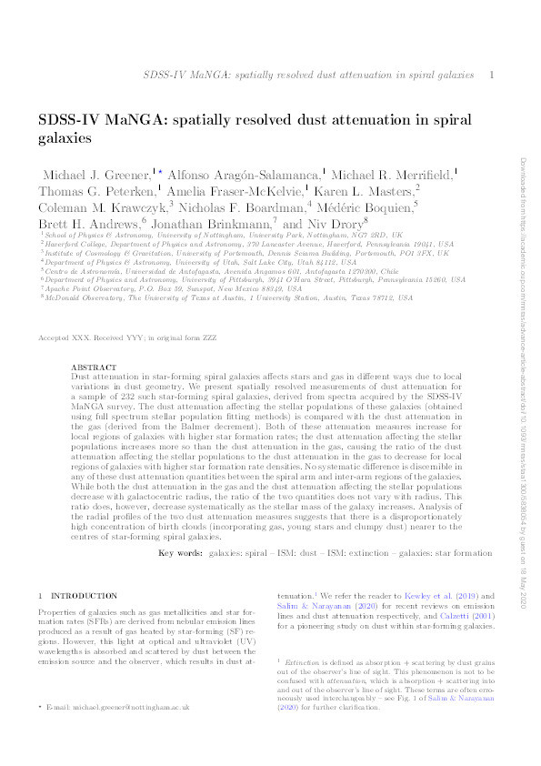 SDSS-IV MaNGA: spatially resolved dust attenuation in spiral galaxies Thumbnail