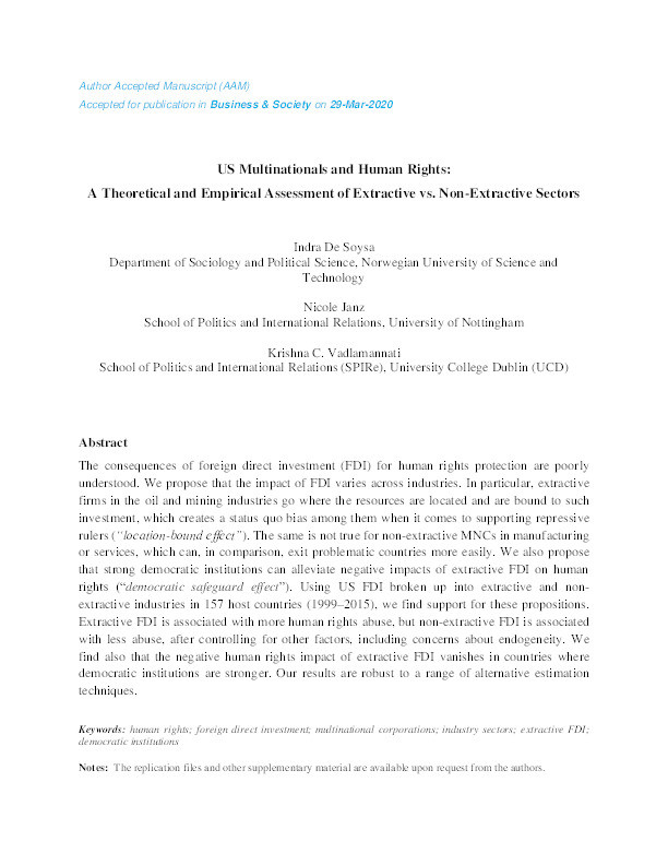 US Multinationals and Human Rights: A Theoretical and Empirical Assessment of Extractive vs. Non-Extractive Sectors Thumbnail