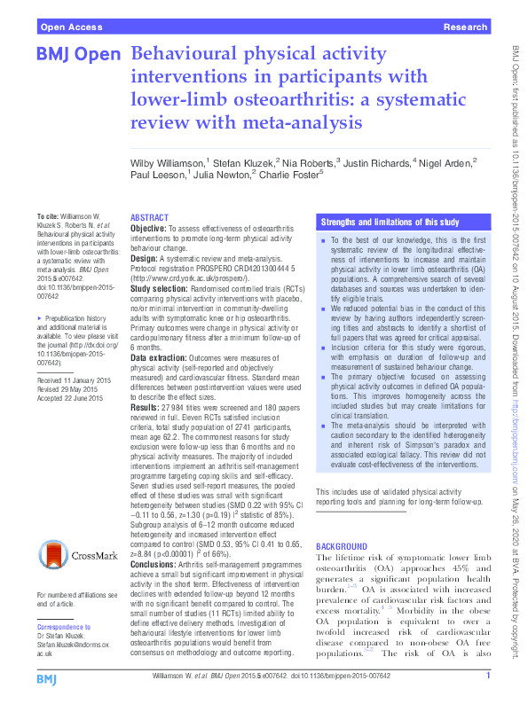 Behavioural physical activity interventions in participants with lower-limb osteoarthritis: a systematic review with meta-analysis Thumbnail