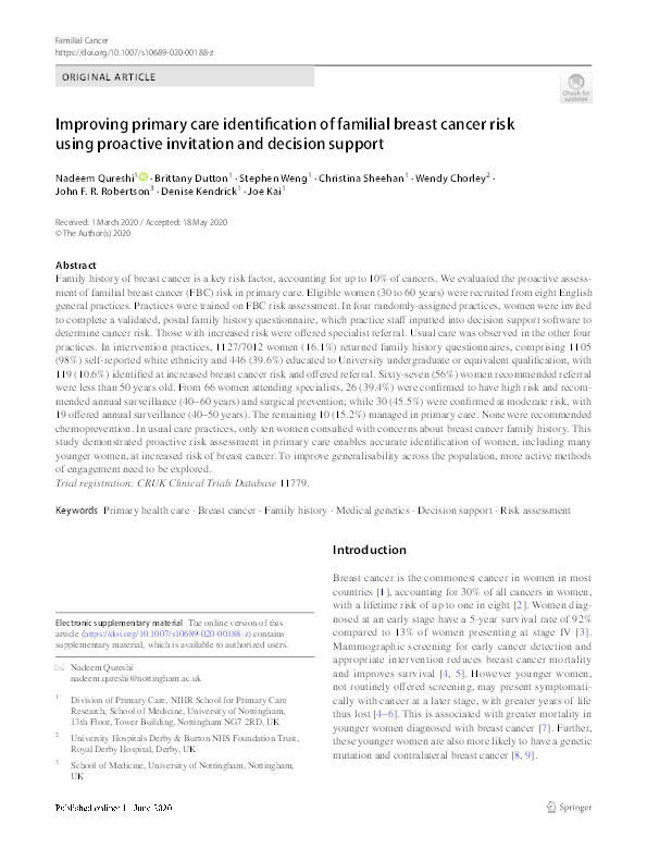 Improving primary care identification of familial breast cancer risk using proactive invitation and decision support Thumbnail