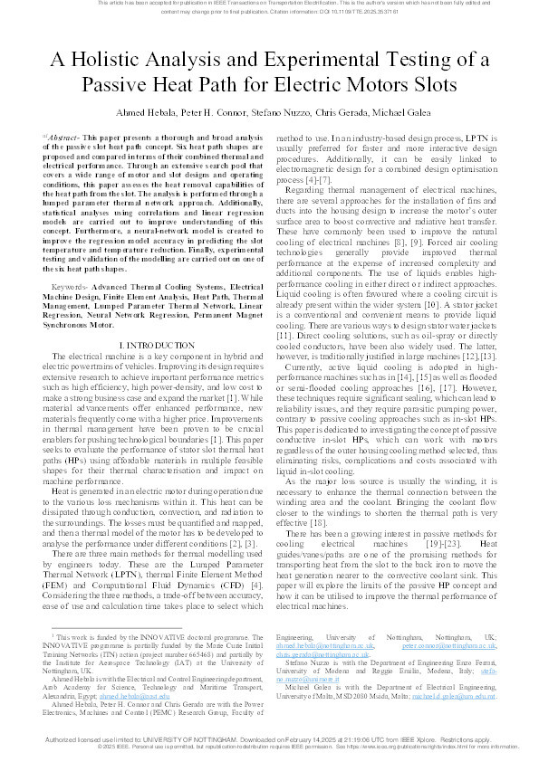 A Holistic Analysis and Experimental Testing of a Passive Heat Path for Electric Motors Slots Thumbnail