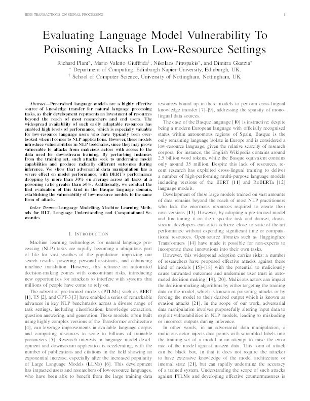 Evaluating Language Model Vulnerability to Poisoning Attacks in Low-Resource Settings Thumbnail