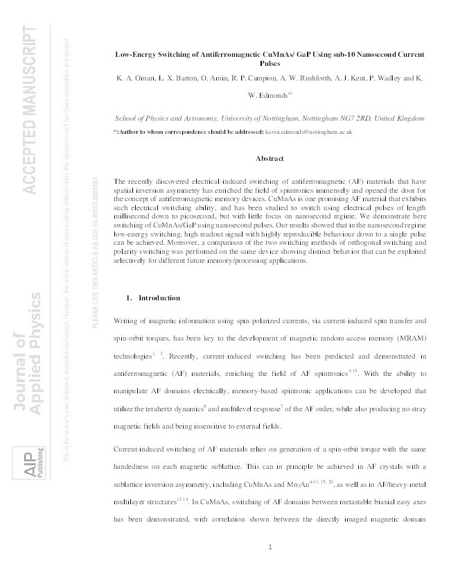 Low-energy switching of antiferromagnetic CuMnAs/GaP using sub-10 nanosecond current pulses Thumbnail