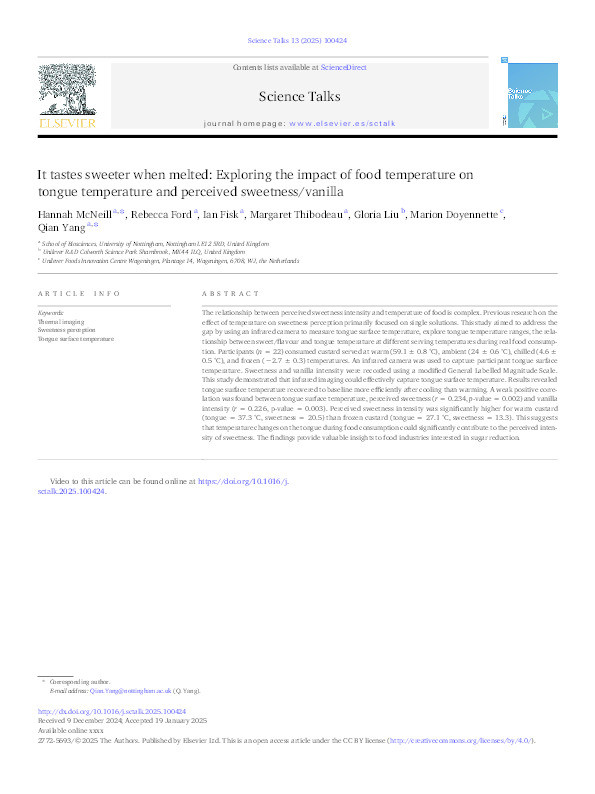 It tastes sweeter when melted: Exploring the impact of food temperature on tongue temperature and perceived sweetness/vanilla Thumbnail