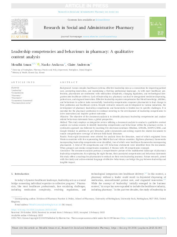 Leadership competencies and behaviours in pharmacy: A qualitative content analysis Thumbnail