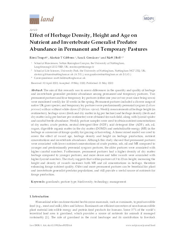 Effect of herbage density, height and age on nutrient and invertebrate generalist predator abundance in permanent and temporary pastures Thumbnail