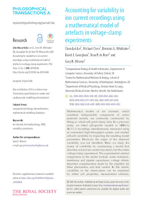 Accounting for variability in ion current recordings using a mathematical model of artefacts in voltage-clamp experiments Thumbnail