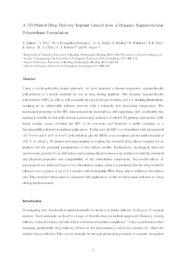 A 3D printed drug delivery implant formed from a dynamic supramolecular polyurethane formulation Thumbnail