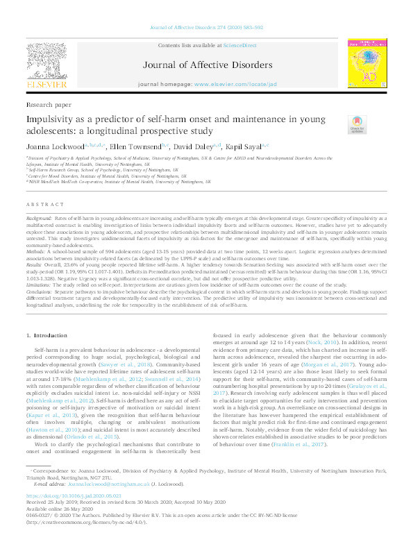 Impulsivity as a predictor of self-harm onset and maintenance in young adolescents: a longitudinal prospective study Thumbnail