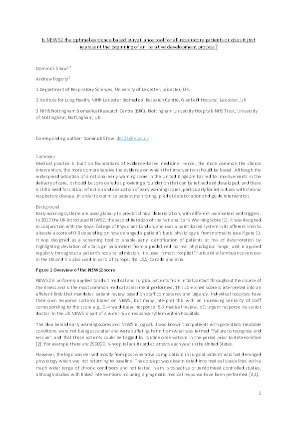 Is NEWS2 the optimal evidence-based surveillance tool for all respiratory patients or does it just represent the beginning of an iterative development process? Thumbnail