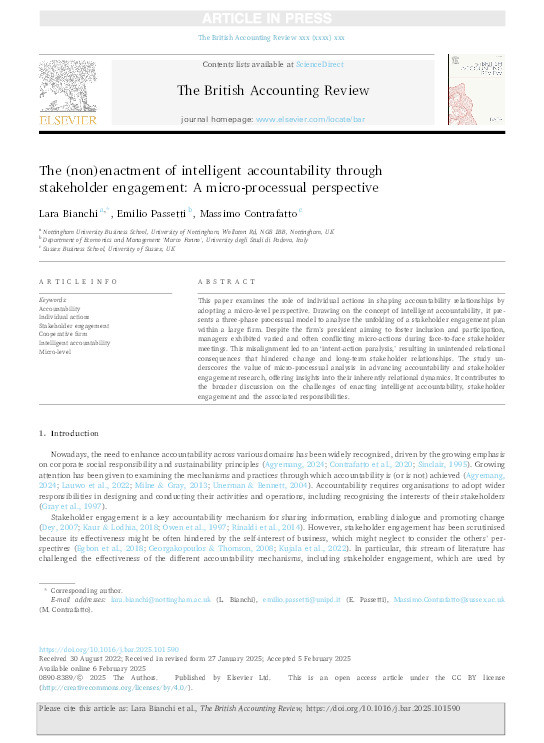 The (non)enactment of intelligent accountability through stakeholder engagement: A micro-processual perspective Thumbnail