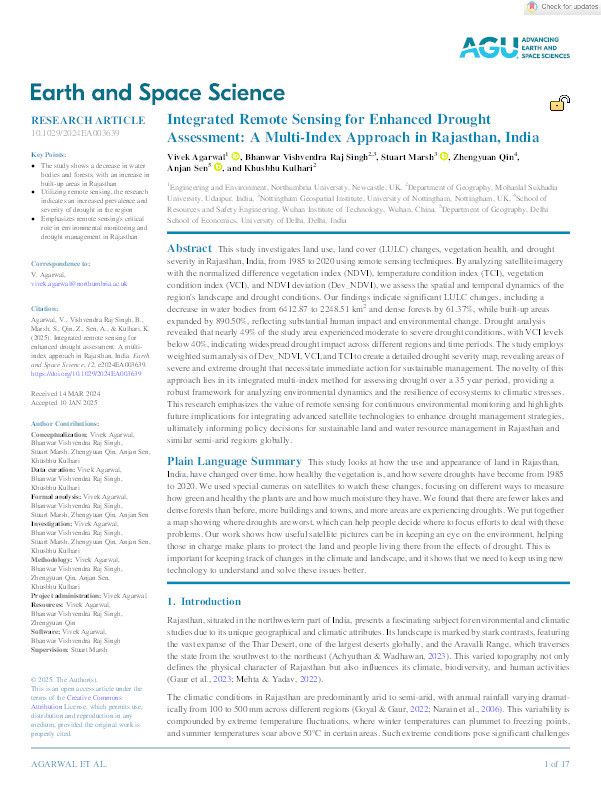 Integrated Remote Sensing for Enhanced Drought Assessment: A Multi‐Index Approach in Rajasthan, India Thumbnail