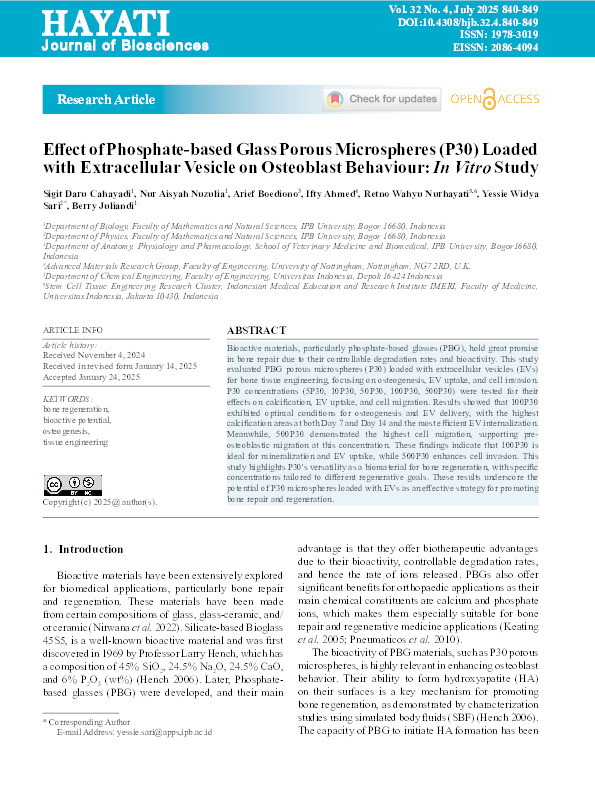 Effect of Phosphate-based Glass Porous Microspheres (P30) Loaded with Extracellular Vesicle on Osteoblast Behaviour: In Vitro Study Thumbnail