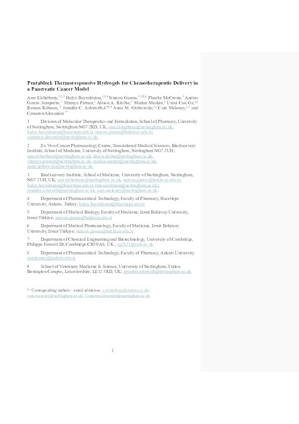 Pentablock Thermoresponsive Hydrogels for Chemotherapeutic Delivery in a Pancreatic Cancer Model Thumbnail