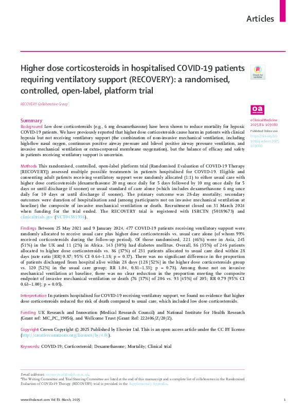 Higher dose corticosteroids in hospitalised COVID-19 patients requiring ventilatory support (RECOVERY): a randomised, controlled, open-label, platform trial Thumbnail