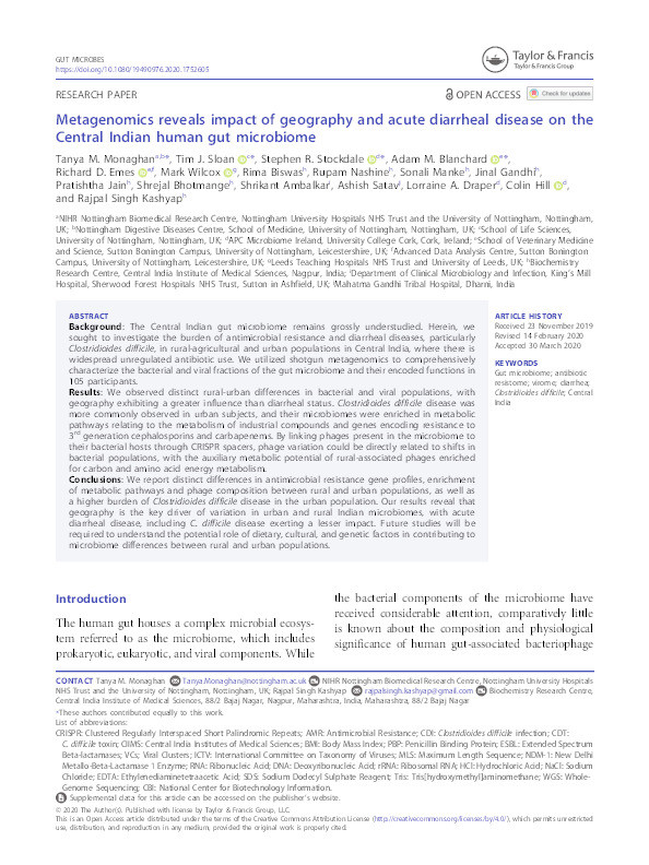 Metagenomics reveals impact of geography and acute diarrheal disease on the Central Indian human gut microbiome Thumbnail