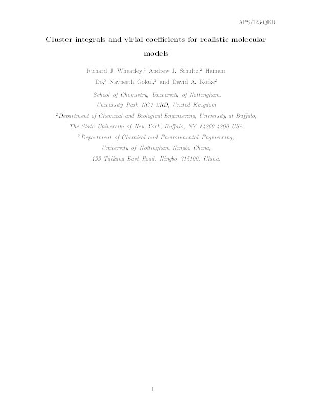 Cluster integrals and virial coefficients for realistic molecular models Thumbnail