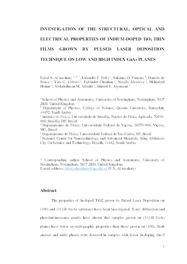 Investigation of the structural, optical and electrical properties of indium-doped TiO2 thin films grown by Pulsed Laser Deposition technique on low and high index GaAs planes Thumbnail