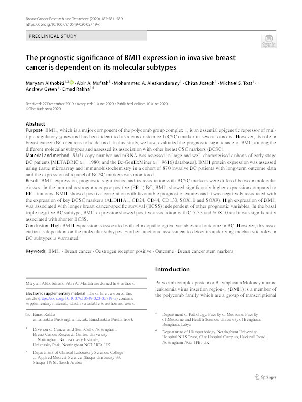 The prognostic significance of BMI1 expression in invasive breast cancer is dependent on its molecular subtypes Thumbnail