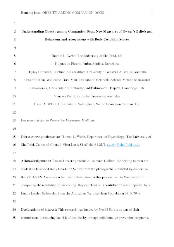 Understanding obesity among companion dogs: New measures of owner's beliefs and behaviour and associations with body condition scores Thumbnail
