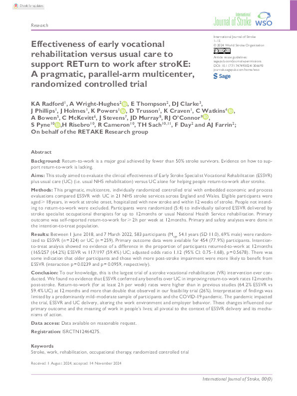 Effectiveness of early vocational rehabilitation versus usual care to support RETurn to work after stroKE: A pragmatic, parallel-arm multicenter, randomized controlled trial Thumbnail