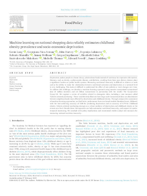 Machine learning on national shopping data reliably estimates childhood obesity prevalence and socio-economic deprivation Thumbnail