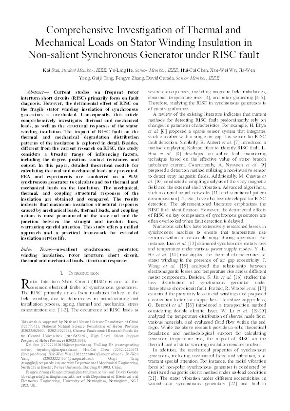 Comprehensive Investigation of Thermal and Mechanical Loads on Stator Winding Insulation in Non-salient Synchronous Generator under RISC fault Thumbnail