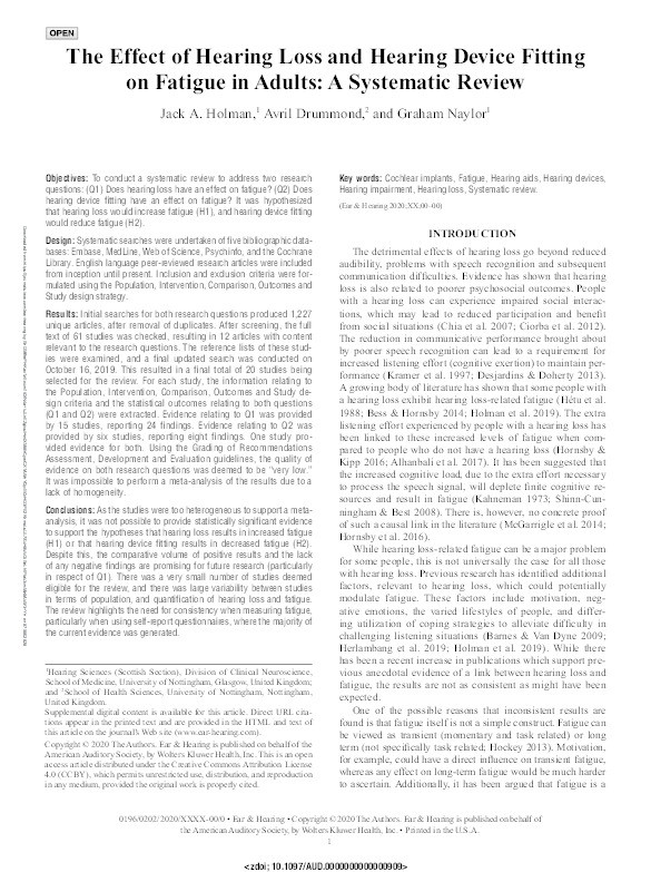 The Effect of Hearing Loss and Hearing Device Fitting on Fatigue in Adults: A Systematic Review Thumbnail