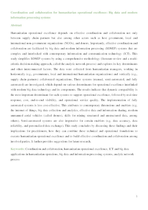 Coordination and collaboration for humanitarian operational excellence: big data and modern information processing systems Thumbnail