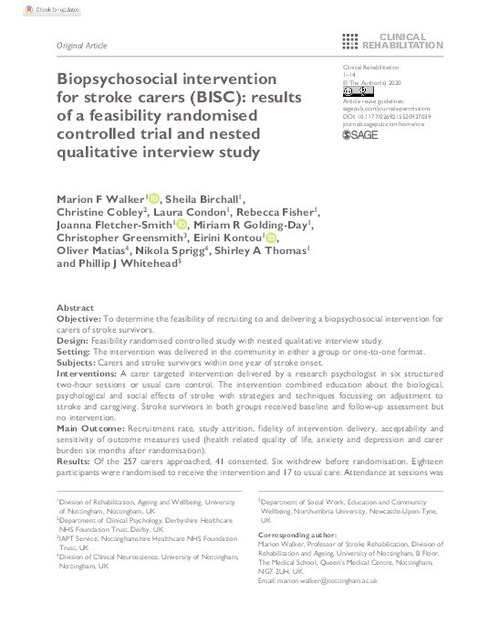 Biopsychosocial intervention for stroke carers (BISC): results of a feasibility randomised controlled trial and nested qualitative interview study Thumbnail