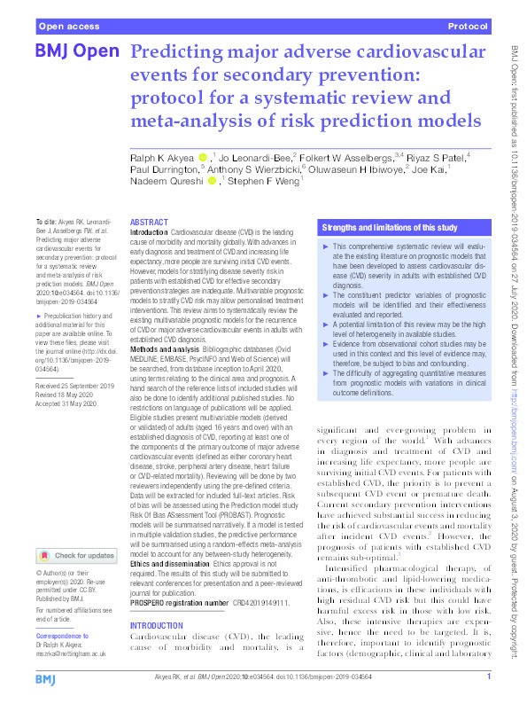 Predicting major adverse cardiovascular events for secondary prevention: protocol for a systematic review and meta-analysis of risk prediction models Thumbnail