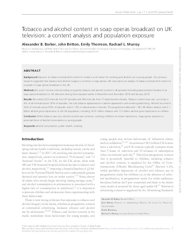 Tobacco and alcohol content in soap operas broadcast on UK television: a content analysis and population exposure Thumbnail