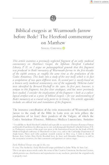 Biblical exegesis at Wearmouth‐Jarrow before Bede? The Hereford commentary on Matthew Thumbnail