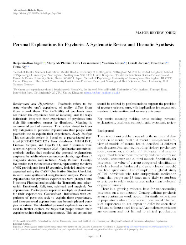 Personal Explanations for Psychosis: A Systematic Review and Thematic Synthesis Thumbnail