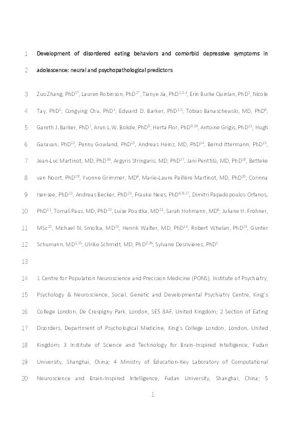 Development of Disordered Eating Behaviors and Comorbid Depressive Symptoms in Adolescence: Neural and Psychopathological Predictors Thumbnail